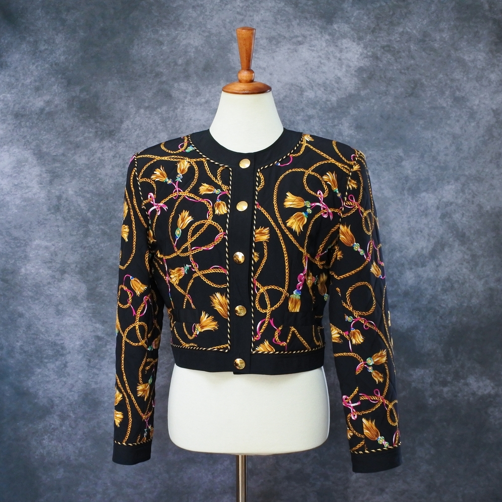 Vintage 90s Citi 100% Silk Rope Print Cropped Jacket Size 10